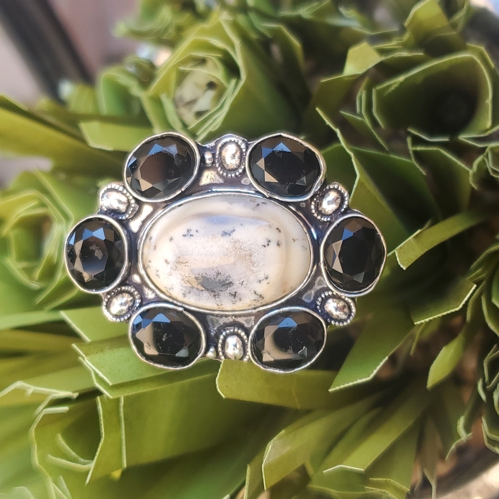 New Dendritic Opal & Black Spinnel 925 Silver Statement Ring.